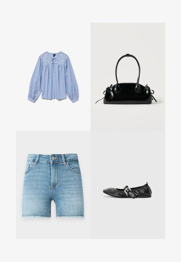 Lyseblå bluse med broderede blomsterdetaljer, lange ballonærmer, rund halsudskæring og en snor ved halsen, tekstureret stof.; Lette blå denimshorts med rå kant, fem lommer og lukning med knap foran. Har let falmede områder og en klassisk snit.; Sorte læder flade sko med spids tå, samling detaljer omkring åbningen, og en sølv spænde accent på den justerbare rem.; Lille sort blank håndtaske med to lange håndtag og snøre-detaljer i siden på en ensfarvet lys baggrund.