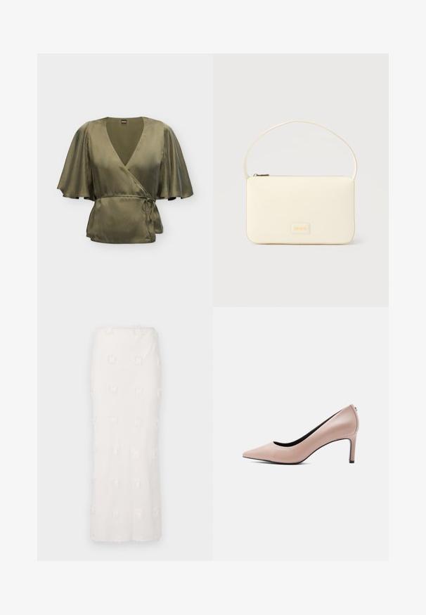 Blouse portefeuille en soie vert olive avec larges manches volantées et ceinture à nouer sur le côté, conçue par Boss, présentée sur fond blanc.; Jupe blanche mi-longue en tissu texturé, présentant un motif brodé avec des franges subtiles. Coupe droite et taille sans couture.; Chaussure à talon haut beige à bout pointu avec un talon aiguille mince sur un fond blanc uni.; Sac à main rectangulaire de couleur crème avec une seule sangle et une fermeture éclair sur le dessus, comportant une petite plaque de logo embossé à l'avant.