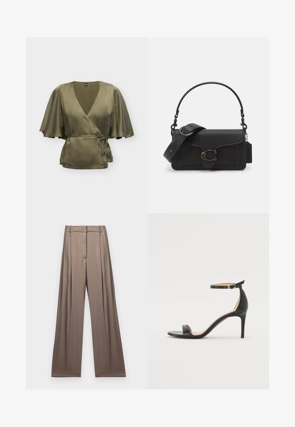 Blouse portefeuille en soie vert olive avec larges manches volantées et ceinture à nouer sur le côté, conçue par Boss, présentée sur fond blanc.; Pantalons à jambes larges de couleur taupe apaisée, fabriqués en tissu lisse avec une finition satinée. Dotés d'une taille cintrée et de plis subtils.; Sandale à talons hauts en cuir noir avec une lanière de cheville. Présente une texture lisse, un bout ouvert et un talon fin. Détail de boucle en ton doré.; Sac à bandoulière en cuir noir avec une surface texturée, une sangle ajustable et des détails en métal argenté. Il dispose d'un rabat avant avec une fermeture à clip.