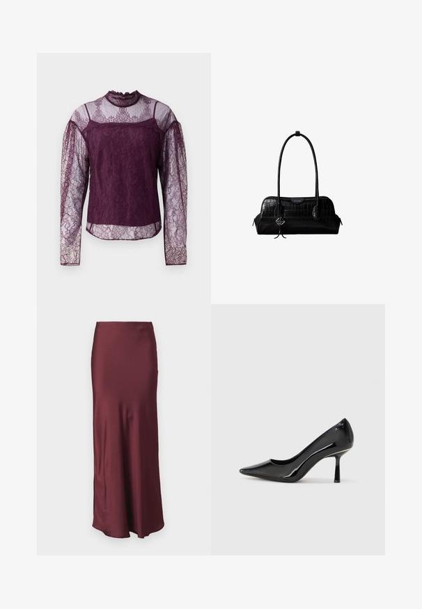 Blouse en dentelle violette à manches longues avec des sections transparentes sur les manches et le haut de la poitrine, dotée d'un col haut et de motifs floraux complexes.; Jupe maxi en satin bordeaux avec une taille ajustée et un ourlet évasé, présentant une texture lisse et sans motifs ni ornements visibles.; Escarpin noir en cuir verni avec un bout pointu, un design épuré et un talon aiguille mince, offrant une texture lisse et brillante.; Sac à épaule en cuir noir à texture crocodile, avec de longues sangles et un petit charm logo argenté sur une sangle.