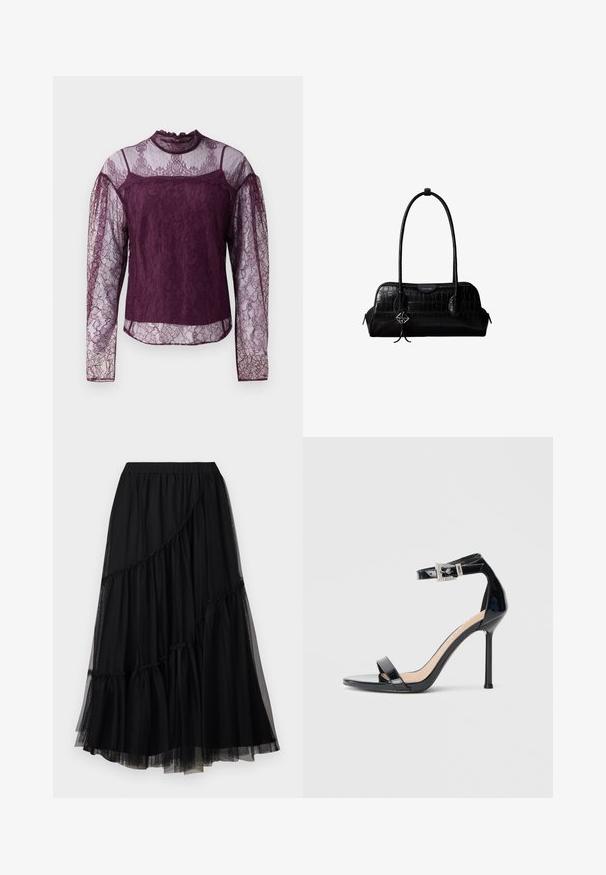 Lila Spitzenbluse mit langen Ärmeln und durchsichtigen Bereichen an den Ärmeln und dem oberen Brustbereich, mit hohem Kragen und filigranen Blumenmustern.; TWINSET SKIRT - A-Linien-Rock - nero; Schwarzer Riemchensandale aus Lackleder mit hohem Absatz und Knöchelriemen. Verfügt über ein minimalistisches Design, offene Zehenpartie und eine Schnalle mit Strassakzenten.; Schwarze Umhängetasche aus krokodilstrukturiertem Leder mit langen Riemen und einem kleinen silbernen Logocharm an einem Riemen.