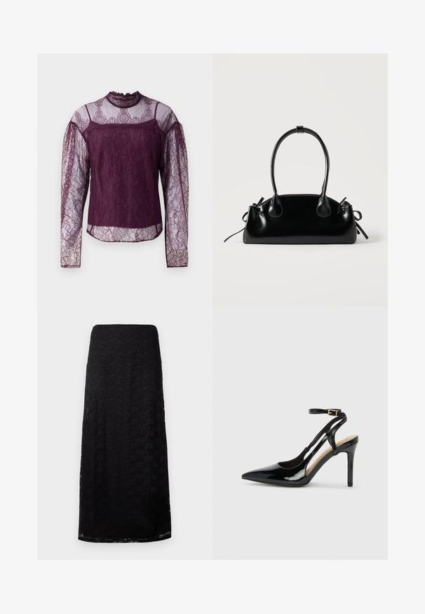 Blouse en dentelle violette à manches longues avec des sections transparentes sur les manches et le haut de la poitrine, dotée d'un col haut et de motifs floraux complexes.; Jupe midi en dentelle noire avec motif floral, coupe droite et texture subtile, présentée sur un fond blanc simple.; Escarpin en cuir verni noir à talon haut, avec un bout pointu, une bride réglable à la cheville et des côtés ouverts. Texture lisse.; Petit sac à main noir brillant avec deux longues anses et des détails à cordon sur les côtés sur un fond clair uni.