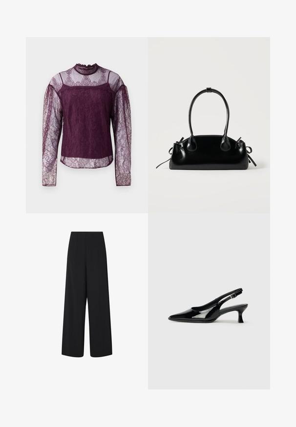 Lilla blonde bluse med lange ærmer og gennemsigtige sektioner på ærmerne og den øverste del af brystet, med høj hals og intrikate blomster mønstre.; Black wide-leg cropped bukser med høj talje og sidelommer, med subtile lodrette sømdetaljer.; Sorte patenterede slingback-sko med spidse tæer og lav blokhæl. Justerbar spænde-rem ved anklen.; Lille sort blank håndtaske med to lange håndtag og snøre-detaljer i siden på en ensfarvet lys baggrund.