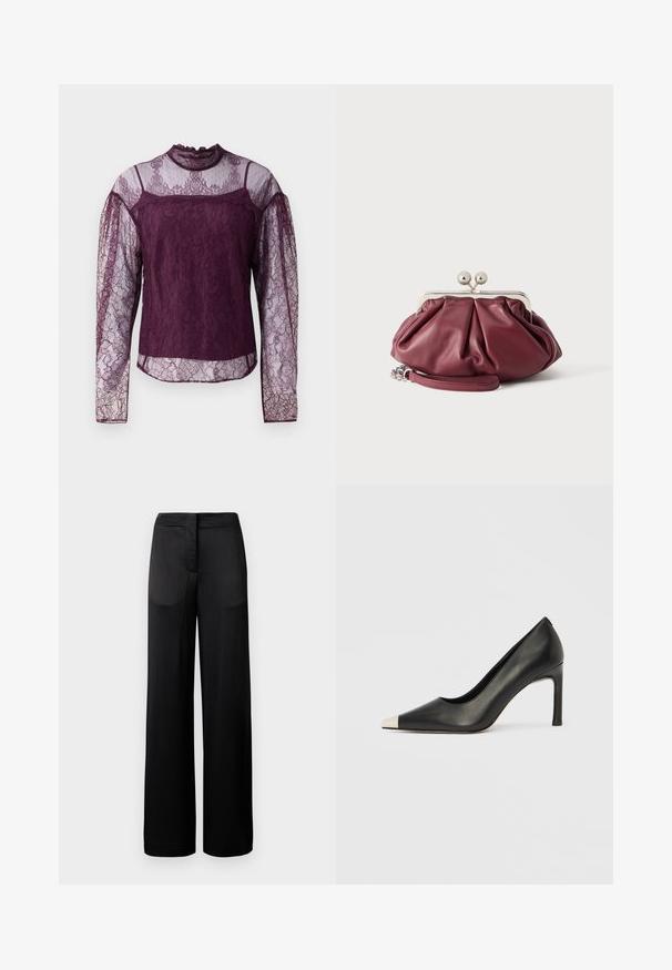 Blusa de encaje morado de manga larga con secciones transparentes en las mangas y en la parte superior del pecho, con un cuello alto y patrones florales intrincados.; Pantalones negros de pierna ancha con una superficie texturada, que cuentan con una cintura plana y dos bolsillos laterales. La tela parece ligera y fluida.; Zapato de tacón alto de cuero negro con punta en forma de pico y una tapa metálica plateada. Presenta un acabado suave y un tacón delgado de 10 cm.; Pequeño bolso de mano de cuero burdeos con cierre metálico plateado y correa de muñeca sobre fondo blanco.