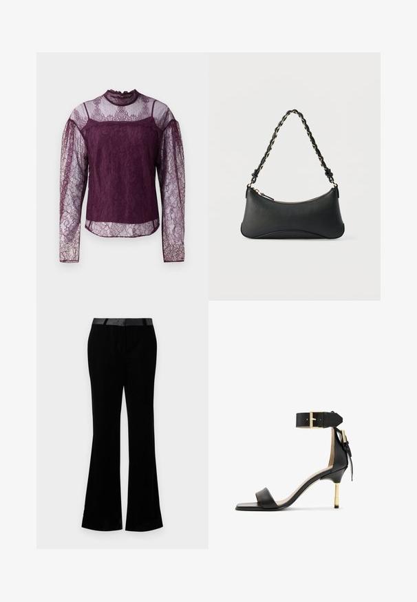 Lila Spitzenbluse mit langen Ärmeln und durchsichtigen Bereichen an den Ärmeln und dem oberen Brustbereich, mit hohem Kragen und filigranen Blumenmustern.; Schwarze, weit gestellte Hosen aus einem glatten Stoff. Mit einem flachen Bund mit glänzender Oberfläche. Maßgeschneiderter Schnitt mit zwei vorderen Taschen.; Schwarze Leder-Absatzsandale mit quadrater Zehenform, Fesselriemen mit einer goldenen Schnalle und einem schlanken, metallischen Absatz. Glatte Textur, minimalistisches Design.; Schwarze Lederschultertasche mit gewölbter rechteckiger Form, goldener Kette, die in den geflochtenen schwarzen Riemen eingewebt ist, und Reißverschlussverschluss oben.
