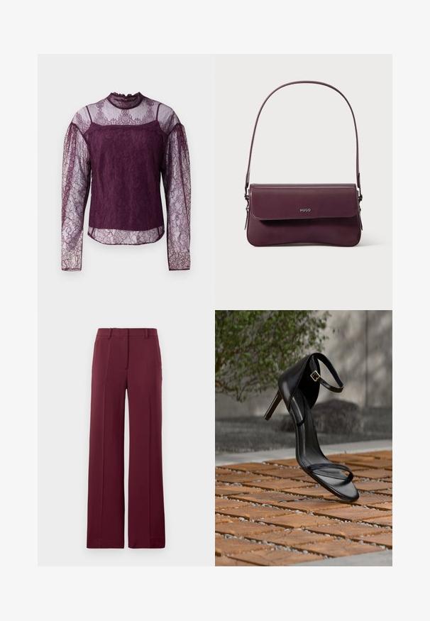 Lilla blonde bluse med lange ærmer og gennemsigtige sektioner på ærmerne og den øverste del af brystet, med høj hals og intrikate blomster mønstre.; Burgundy vide bukser lavet af glat stof, med flad front, bæltesløjfer og et skræddersyet design med foldede detaljer.; Sort højhælet sandal med ankelsnor, der ser ud til at svæve over et trægulv udendørs med sløret grønt og sten i baggrunden.; Bordeauxfarvet lædertaske med et struktureret design, der har en klaplukning og en justerbar rem. Logo detaljer præget på forsiden.