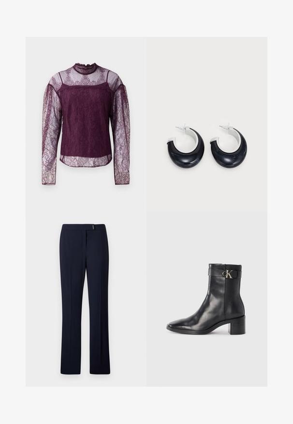 Lila Spitzenbluse mit langen Ärmeln und durchsichtigen Bereichen an den Ärmeln und dem oberen Brustbereich, mit hohem Kragen und filigranen Blumenmustern.; Navyblaue maßgeschneiderte Hose aus einem glatten Stoff, mit flacher Vorderseite, geraden Beinen und einem dezenten silbernen Akzent an der Taille.; Schwarze Leder-Ankle Boots mit spitzem Zehenbereich, Blockabsatz und einem Riemen mit einem metallischen Logodetail. Glatte Textur und minimales Design.; Schwarze Harz-Hoops mit glänzender Oberfläche und silberfarbenen Hardware-Details. Zirkulare Form mit Ausschnitt und Post-Back-Verschluss.