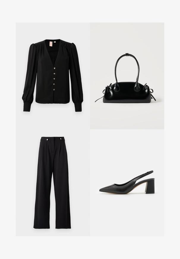 Blouse noire à manches longues avec un décolleté en V profond, cinq boutons décoratifs, détails plissés aux épaules et poignets ajustés. Tissu lisse et léger.; Pantalons larges noirs au tissu lisse, dotés d'une taille haute, de plis avant et d'accents en boutons métalliques.; Escarpin slingback en cuir noir avec un bout pointu, un design découpé et un talon bloc épais. Texture lisse avec une esthétique minimaliste.; Petit sac à main noir brillant avec deux longues anses et des détails à cordon sur les côtés sur un fond clair uni.