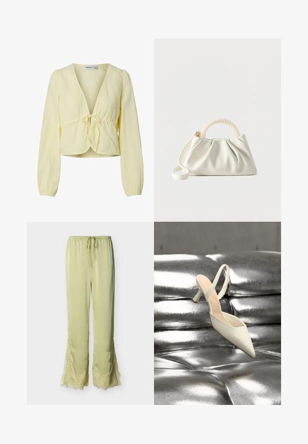 Blouse jaune clair à manches longues, col en V, fermeture avec nœud devant, et tissu texturé. L’ourlet est légèrement court. Aucune personne visible.; Pantalon vert clair en tissu soyeux avec taille élastique, cordon de serrage et bordure en dentelle au bas des jambes larges.; Chaussure à talon haut blanche à bout pointu et bride arrière reposant sur une surface capitonnée argent métallique brillante.; Petit sac à main blanc avec un corps froncé, une poignée ronde ornée de perles et une bandoulière amovible sur un fond uni.