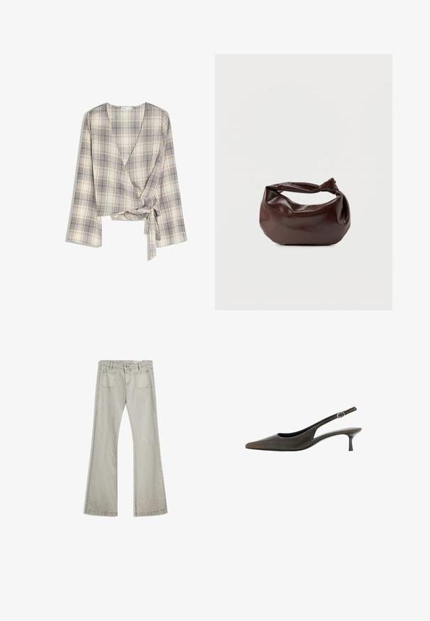 Beige en lichtblauw geruit wikkelblouse met lange mouwen en zijstriksluiting, gemaakt van lichtgewicht stof.; Uitlopende spijkerbroek in lichtgrijs denim, met een knoopsluiting, vijf zakken en subtiele stikdetails langs de naden.; Zwarte leren slingback met puntige neus, lage kittenhak en een klein verstelbaar gespsluiting.; Donkerbruine leren schoudertas met een zachte, slungelige vorm en een gedraaide knoopvormige handgreep op een effen witte achtergrond.