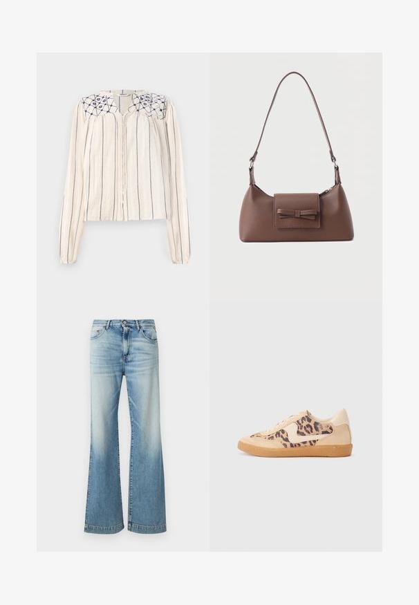 Beige blouse met lange mouwen, voorzien van marineblauwe verticale strepen, een knoopsluiting aan de voorkant en een geborduurd bloemenontwerp op de halslijn. Geweven stof.; Lichtblauwe flare jeans van denim, met een licht verweerde afwerking, ontwerp met vijf zakken en een traditionele knoopsluiting.; Luipaardprint sneakers met een beige suède bovenkant, tan rubberen zool en witte accenten. Ronde neus en vetersluiting met een gestructureerde afwerking.; Bruine leren schoudertas met een voorvak met klep en een gestikte strikdetail en een verstelbare band.