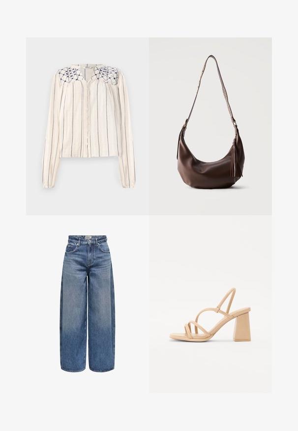 Beige langærmet bluse med navy lodrette striber, knaplukning foran og broderet blomstermotiv ved udskæringen. Struktureret stof.; Bredde denimjeans i mellemblå, med høj talje, synlige sømme, fem lommer og en knaplukning foran.; Nude højhælede sandaler med en kvadratisk blokhæl, tynde stropper og en glat, blank finish. Simpelt design med en stropøverdel.; Brun skuldertaske i læder med guldnitter på stroppen og læderrispynte lynlås, vist mod en ensfarvet baggrund.