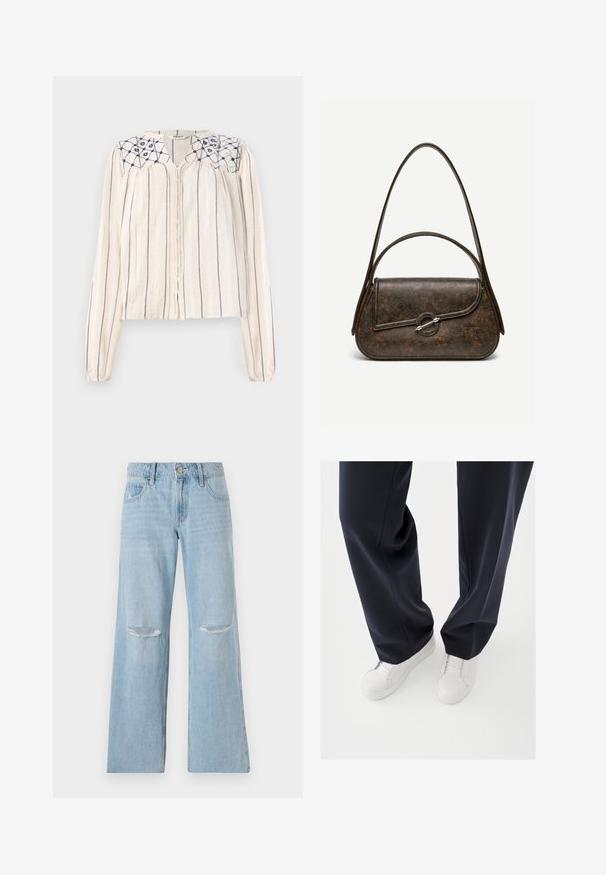 Beige langærmet bluse med navy lodrette striber, knaplukning foran og broderet blomstermotiv ved udskæringen. Struktureret stof.; Lyseblå denimjeans med høj talje, bred benlængde og to riftskader ved knæene. Har bæltestropper og forlommer.; Hvide sneakers med teksturerede gummisåler og flade snørebånd, kombineret med mørkeblå bukser i løs, glat stof og skræddersyet pasform.; Mørkebrun tekstureret læderhåndtaske med to stropper, afrundet rektangulær form og sølvfarvet cirkulært låsespænde på frontklap.