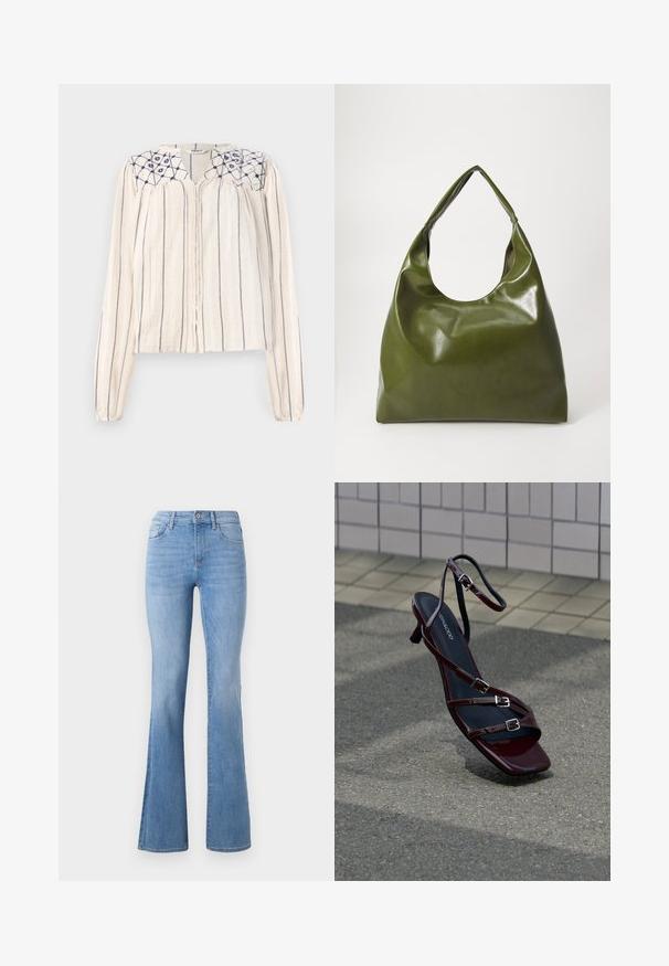 Beige langærmet bluse med navy lodrette striber, knaplukning foran og broderet blomstermotiv ved udskæringen. Struktureret stof.; Lysblå flagrende jeans med mellemhøj talje, klassisk fem-lomme design og subtil fading langs benene. Denim stoftekstur.; Mørkerød højhælet sandal med stropper og spænder på asfaltbelægning og flisevæg i baggrunden.; Grøn læder hobo taske med en slouchy design, buet håndtag og glat tekstur. Indeholder ingen synlig hardware eller accenter.
