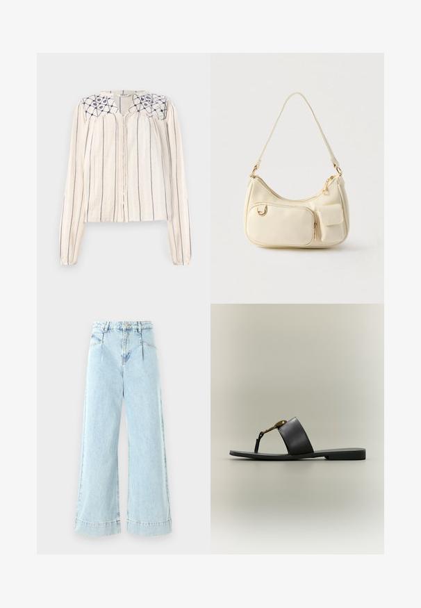 Beige langærmet bluse med navy lodrette striber, knaplukning foran og broderet blomstermotiv ved udskæringen. Struktureret stof.; Lyseblå vidbenede jeans lavet af denim, med høj talje, forlommer og syede detaljer ved kanten.; Sort flad slidesandal med bredt læderrem, tåslynge og gyldent rundt metalornament, vist i profil på neutral baggrund.; Skuldertaske i cremefarve med to forlommer, den ene med lynlås og den anden med klap, og en enkelt buet rem.