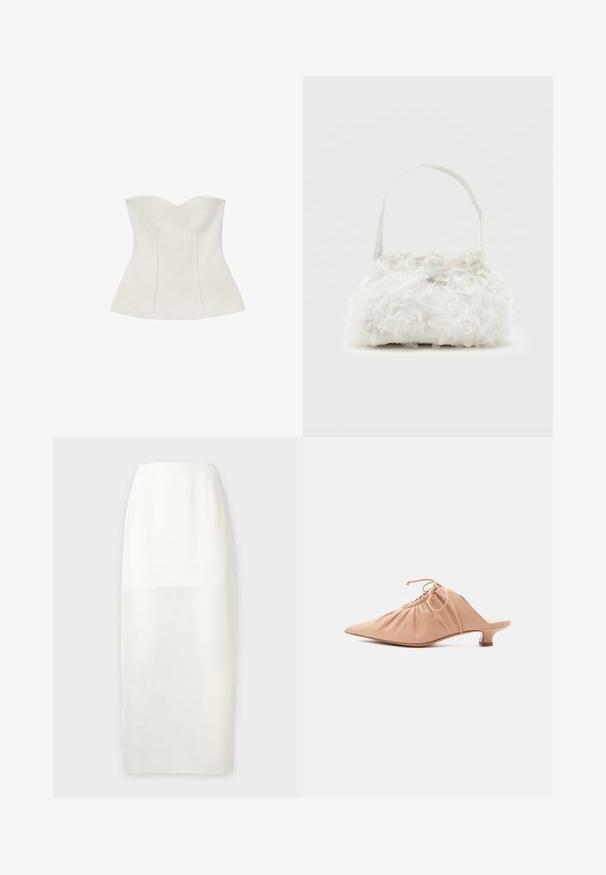 Corset blanc sans bretelles avec décolleté en cœur et silhouette ajustée évasée.; Jupe blanche taille haute avec une moitié supérieure ajustée et une moitié inférieure droite semi-transparente sur un fond uni.; Mule pour femme en cuir beige avec bout pointu, dessus froncé, lien de serrage et petit talon kitten, sur fond blanc.; Petit sac à main blanc orné de roses en tissu recouvrant le corps et d'une fine anse unique, sur un fond uni.