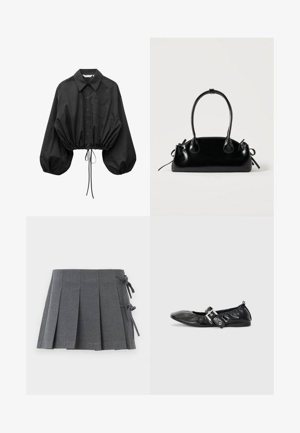 Blouse noire à boutons avec manches bouffantes surdimensionnées, une poche poitrine unique et taille cintrée avec cordon ajustable.; Jupe mini plissée grise en tissu texturé, avec une fermeture à nouer sur un côté et une ceinture lisse pour plus de confort.; Chaussure plate en cuir noir avec un nez pointu, des détails froncés autour de l'ouverture et un accent en boucle argentée sur la bride ajustable.; Petit sac à main noir brillant avec deux longues anses et des détails à cordon sur les côtés sur un fond clair uni.