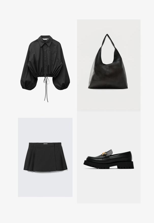 Blouse noire à boutons avec manches bouffantes surdimensionnées, une poche poitrine unique et taille cintrée avec cordon ajustable.; Jupe noire plissée avec un motif à rayures, fabriquée en tissu texturé avec une taille, conçue pour un look ajusté.; Mocassin en cuir noir avec semelle épaisse noire et détail de boucle en or à l'avant. Présente des coutures le long de l'orteil et un design épuré.; Sac bandoulière en cuir noir lisse avec une large sangle unique et un design décontracté et minimaliste sur un fond uni.