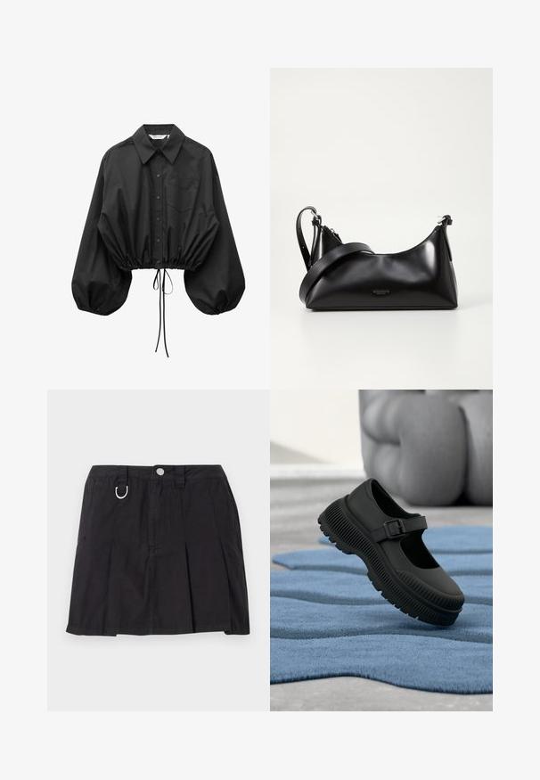 Blouse noire à boutons avec manches bouffantes surdimensionnées, une poche poitrine unique et taille cintrée avec cordon ajustable.; Jupe plissée noire en coton, avec une fermeture à boutons sur le devant, des passants de ceinture et un accent en D-ring sur la taille.; Chaussure noire style Mary Jane avec semelle épaisse nervurée et bride à boucle, reposant sur un tapis bleu texturé avec arrière-plan flou.; Sac à main en cuir noir avec une texture lisse. Dispose d'une bandoulière adjustable et d'un design élégant et minimaliste avec une fermeture éclair.