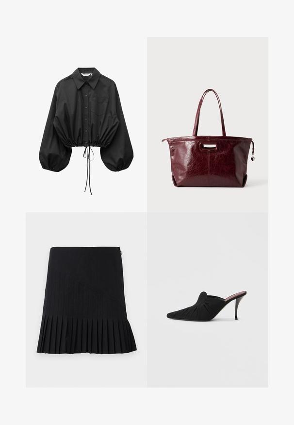 Blouse noire à boutons avec manches bouffantes surdimensionnées, une poche poitrine unique et taille cintrée avec cordon ajustable.; Jupe plissée noire avec des panneaux diagonaux cousus, une taille cintrée et un ourlet évasé. Les matériaux semblent légers et lisses.; Mule noir à talon haut avec bout pointu, tissu doux à texture froncée sur le devant et talon aiguille fin.; Sac cabas en cuir rouge foncé avec longues anses, prise rectangulaire découpée, et breloque en forme de cœur sur la fermeture éclair.