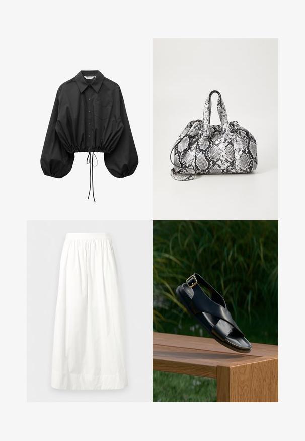 Blouse noire à boutons avec manches bouffantes surdimensionnées, une poche poitrine unique et taille cintrée avec cordon ajustable.; Jupe blanche longueur cheville avec taille élastique froncée et tissu léger et fluide.; Sandale en cuir noir avec un design à brides croisées et une bride arrière avec boucle dorée. Texture lisse, semelle plate, présentée sur une surface en bois.; Sac à main en motif peau de serpent noir et blanc avec deux poignées, une fermeture à cordon et une bandoulière amovible. Texture lisse.