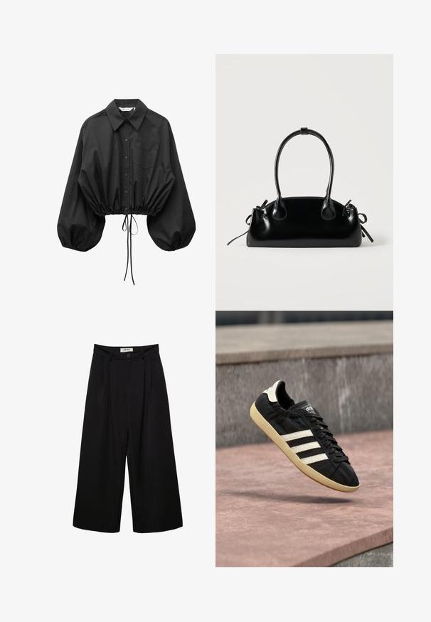 Blouse noire à boutons avec manches bouffantes surdimensionnées, une poche poitrine unique et taille cintrée avec cordon ajustable.; Pantalon noir à jambes larges avec taille haute, présentant des plis à l'avant, deux poches latérales et une fermeture par bouton. Texture de tissu lisse.; Baskets Adidas noires avec des bandes blanches et une semelle beige, capturées en plein air au-dessus d'une surface en pierre et d'un mur en pierre en arrière-plan.; Petit sac à main noir brillant avec deux longues anses et des détails à cordon sur les côtés sur un fond clair uni.