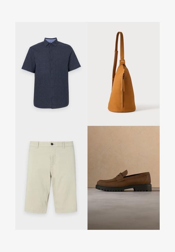 Camisa de manga corta en tela azul marino oscuro con un sutil patrón geométrico, con cuello abotonado y tapeta en contraste de color azul claro.; Pantalones cortos color beige, hechos de una mezcla de algodón ligera, con un frente plano, trabillas para cinturón, cierre de botón y dobladillo a la altura de la rodilla.; Mocasín de cuero marrón oscuro con suela gruesa de goma negra, mostrado sobre una alfombra beige y fondo de sofá.; Bolso bandolera de piel color canela con correa ajustable y bolsillo vertical con cremallera, mostrado de lado sobre un fondo claro y liso.