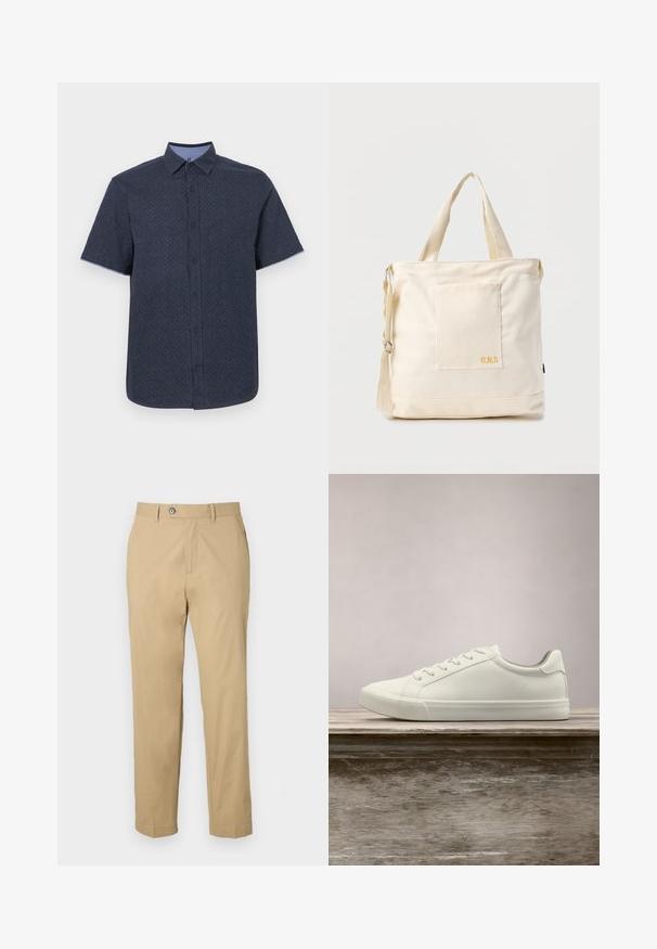 Kurzarmhemd aus dunkelblauem Stoff mit einem dezenten geometrischen Muster, ausgestattet mit einem Button-Down-Kragen und einer kontrastierenden hellblauen Knopfleiste.; Beige Hosen aus Baumwollmischung mit geradem Bein, vorderen Taschen und Knopfverschluss. Glatte Textur und umgeschlagene Säume.; Weiße Schnürsneaker, die über einer Holzbank mit grünem Laub im Hintergrund schweben und das Schuhdesign sowie die Textur zeigen.; Beige Canvas-Shopper mit Fronttasche, zwei Griffen, verstellbarem Schulterriemen und kleinem gelbem "O.N.S"-Text unten rechts auf der Tasche.