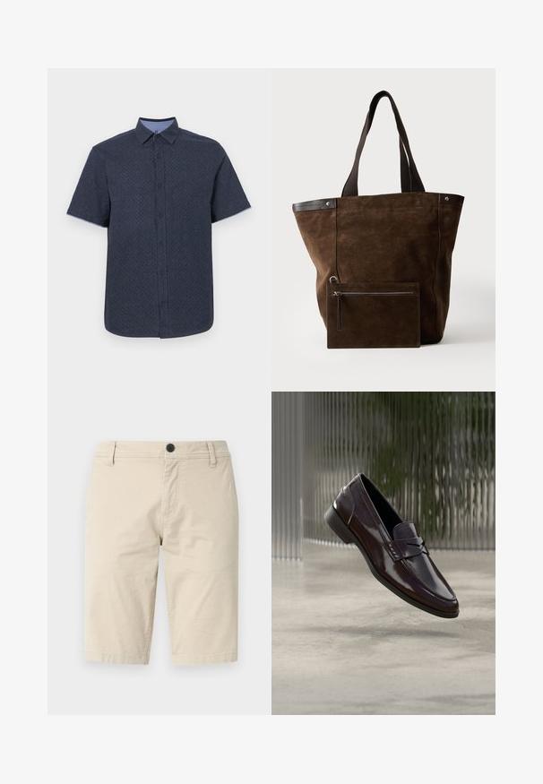 Camisa de manga corta en tela azul marino oscuro con un sutil patrón geométrico, con cuello abotonado y tapeta en contraste de color azul claro.; Pantalones cortos beige de tela ligera, con frente plano, cierre de un botón y dos bolsillos laterales; textura suave.; Mocasines de cuero marrón con acabado brillante, con una costura elevada y un pequeño detalle de recorte en la parte frontal, y una suela baja negra.; Bolso tote de ante marrón oscuro con asas negras y un neceser rectangular con cremallera a juego unido en la parte frontal.
