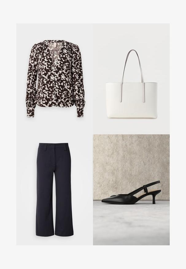 Blouse à motifs marron et crème avec un décolleté en V, épaules froncées et détails de boutons. Manches longues avec poignets ajustés. Texture du tissu douce.; Pantalons à jambes larges en tissu bleu marine foncé. Avec une taille plate, des passants de ceinture et des poches latérales. Le matériau est lisse avec une légère élasticité.; Chaussure noire à talon kitten slingback avec bout pointu et détail de logo en métal, flottant près d'une surface réfléchissante et d'un porte-documents métallique avec des papiers.; Sac fourre-tout blanc avec des anses longues et fines. Fabriqué en matériau lisse, présentant un design minimaliste et des détails de coutures discrètes.