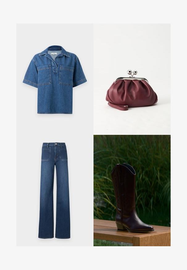 Chemise en denim à manches courtes de couleur bleu moyen, avec un col, deux poches avant et des coutures contrastées. Coupe décontractée et ourlet arrondi.; Jean large taille haute en denim bleu foncé, avec design classique à cinq poches, coutures apparentes et braguette zippée avec fermeture par bouton.; Botte de cowboy en cuir marron foncé avec un petit talon, posée sur un banc en bois à l'extérieur avec une herbe haute verte en arrière-plan.; Petit sac pochette en cuir bordeaux avec fermoir métallique argenté et bracelet sur fond blanc.