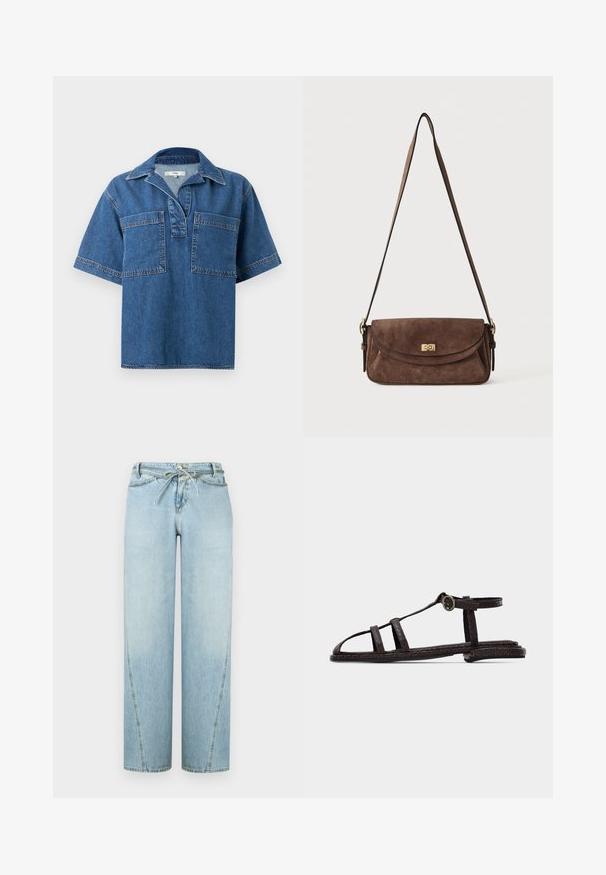 Chemise en denim à manches courtes de couleur bleu moyen, avec un col, deux poches avant et des coutures contrastées. Coupe décontractée et ourlet arrondi.; Jean en denim bleu clair à jambes larges avec une taille à cordon de serrage, présentant un effet délavé, une coupe droite et des détails de coutures visibles le long des coutures.; Sandale plate marron foncé avec des brides texturées, boucle à la cheville et design à bout ouvert sur un fond clair uni.; Sac bandoulière en daim marron avec une longue sangle réglable et une fermeture à tour dorée sur le rabat avant.