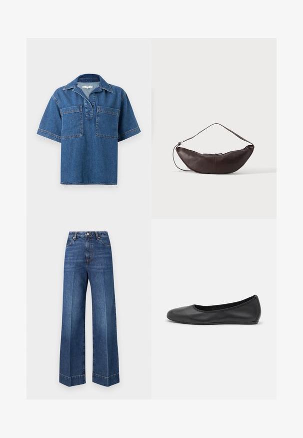 Chemise en denim à manches courtes de couleur bleu moyen, avec un col, deux poches avant et des coutures contrastées. Coupe décontractée et ourlet arrondi.; Jean en denim bleu à taille haute, jambes larges, poches avant, fermeture par boutons, avec des détails de couture visibles sur un fond blanc uni.; Ballerines en cuir noir avec un bout rond, texture lisse, détails de couture minimalistes et design de semelle flexible.; Sac d'épaule en cuir marron foncé en forme de croissant avec une lanière courbée et des coutures visibles sur fond uni.