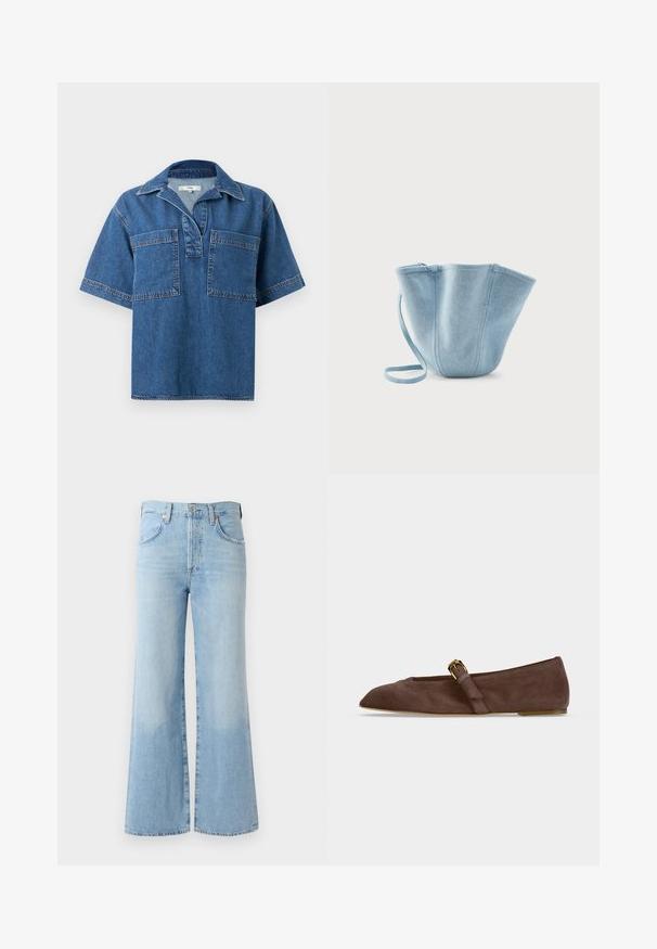 Chemise en denim à manches courtes de couleur bleu moyen, avec un col, deux poches avant et des coutures contrastées. Coupe décontractée et ourlet arrondi.; Jean flare en denim bleu clair avec une taille haute, cinq poches et un léger dégradé près de l'ourlet. Dispose d'une ceinture standard et d'une fermeture à bouton.; Chaussure plate en daim marron avec bout pointu et bride à boucle dorée sur le côté, vue de profil sur fond blanc.; Sac seau en tissu bleu clair avec longue bandoulière, grande ouverture supérieure et coutures verticales cousues, sur fond blanc uni.