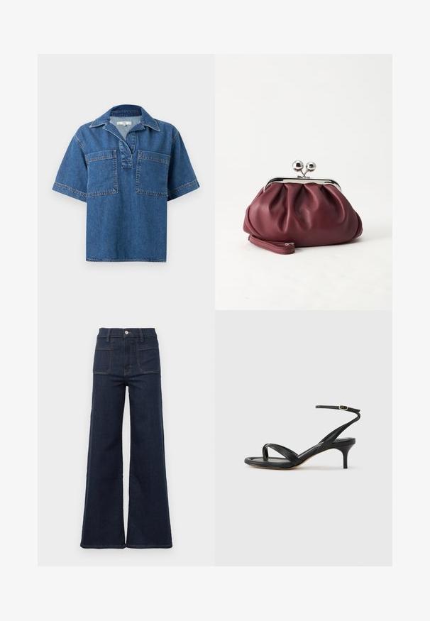 Chemise en denim à manches courtes de couleur bleu moyen, avec un col, deux poches avant et des coutures contrastées. Coupe décontractée et ourlet arrondi.; Jean évasé bleu foncé en denim avec une taille haute, comportant deux poches arrière et des coutures contrastées le long des coutures.; Sandale pour femme en cuir noir avec fines lanières, une boucle d'orteil, une boucle à la cheville et un talon aiguille de hauteur moyenne sur un fond neutre.; Petit sac pochette en cuir bordeaux avec fermoir métallique argenté et bracelet sur fond blanc.