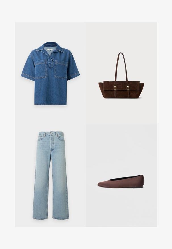 Chemise en denim à manches courtes de couleur bleu moyen, avec un col, deux poches avant et des coutures contrastées. Coupe décontractée et ourlet arrondi.; Jean large coupe pattes d'éléphant bleu clair en tissu denim avec une taille haute. Comprend cinq poches, une fermeture à bouton, et une texture subtilement délavée.; Ballerines en tissu marron avec un bout pointu et une texture lisse, dotées d'un talon bas et d'une fine semelle noire. Aucune motif ni élément métallique visible.; Sac à main en daim marron foncé avec longues bretelles doubles, forme rectangulaire et trois poches à rabat avec fermetures à boucle ton or.