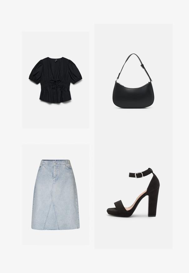 Blouse noire manches courtes avec col en V profond, manches bouffantes, taille élastique et détail nœud noué au centre devant.; Jupe en denim bleu clair avec une taille ajustée, une coupe en A et des détails en panneaux diagonaux. Elle comporte une fermeture à boutons et un zip à l'avant.; Anna Field Sandales - black; Pieces PCALUANA SHOULDER BAG - Sac à main - black
