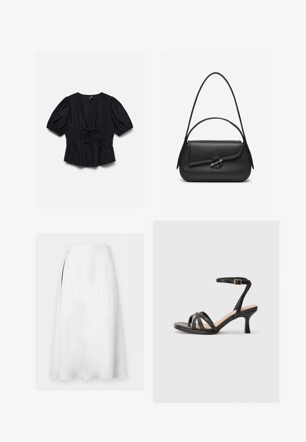 Schwarze Kurzarmbluse mit tiefem V-Ausschnitt, Puffärmeln, elastischer Taille und vorne mittig gebundener Schleife.; Weißer A-Linien-Midirock mit hoher Taille und dezentem seitlichem Schlitz auf einfarbigem Hintergrund.; Schwarze Absatzsandalen mit mehreren dünnen Riemen über den Zehen, einem einzelnen Knöchelriemen mit goldener Schnalle und einer quadratischen Zehenform.; Schwarze Lederhandtasche mit abgerundeten Kanten, asymmetrischem Überschlag, metallfarbenem runden Verschluss und kurzen sowie langen Schulterriemen.