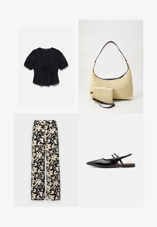 Blouse noire manches courtes avec col en V profond, manches bouffantes, taille élastique et détail nœud noué au centre devant.; Pantalon large noir avec un motif floral crème. Fabriqué en tissu léger, il présente une texture lisse et une taille haute.; Des chaussures slingbacks en cuir verni noir présentent un bout pointu, deux sangles avec des accents de boucle, et une semelle plate.; Sac à main en paille tissée avec une silhouette courbée, doté d'une bandoulière en cuir noir lisse et d'une petite pochette assortie attachée par une sangle pour le poignet.