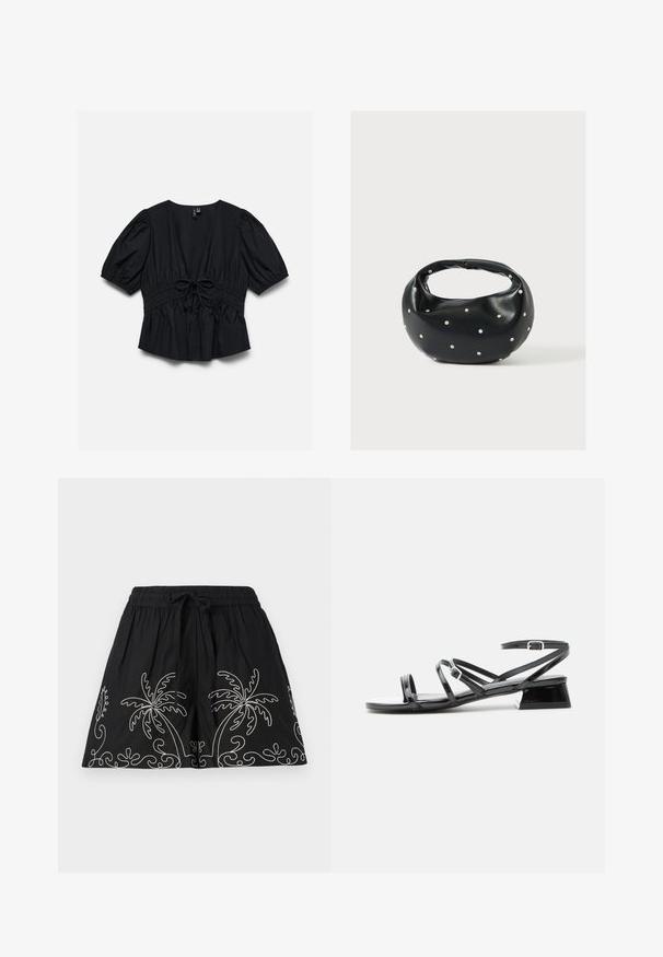 Schwarze Kurzarmbluse mit tiefem V-Ausschnitt, Puffärmeln, elastischer Taille und vorne mittig gebundener Schleife.; Schwarze Baumwollshorts mit elastischem Bund und Kordelzug. Verziert mit weißen, gestickten Palmen-Designs entlang des Saums.; Schwarze Sandale aus Lackleder mit niedrigem Absatz, mehreren dünnen Riemen und einem kleinen Schnallenriemen um den Knöchel vor weißem Hintergrund.; Schwarze Lederhandtasche mit abgerundeter Form, verziert mit silbernen Nietenakzenten und kurzem Griff. Glatte Struktur und Reißverschlussverschluss.