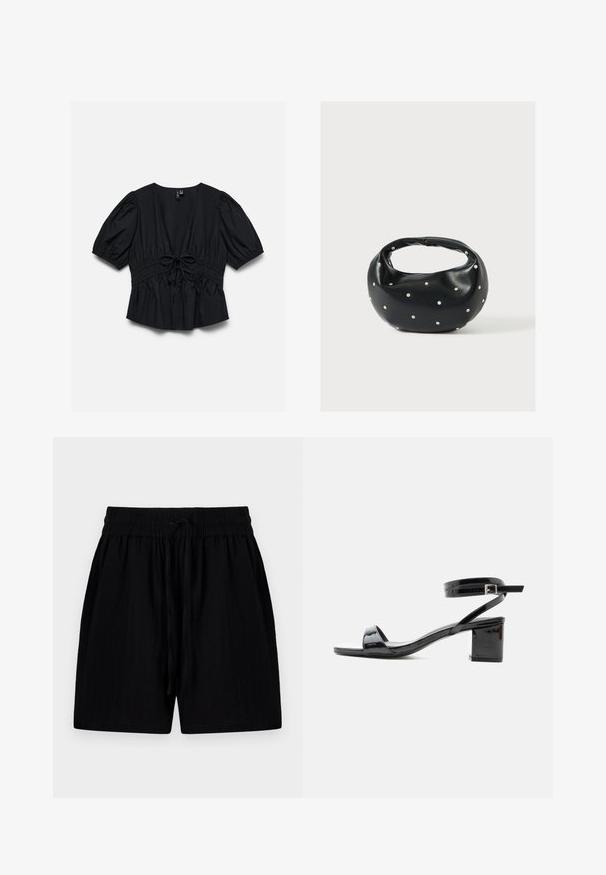 Schwarze Kurzarmbluse mit tiefem V-Ausschnitt, Puffärmeln, elastischer Taille und vorne mittig gebundener Schleife.; Schwarze Shorts aus leichtem Material mit einem verstellbaren Bund, ausgestattet mit Seitentaschen und einer strukturierten Oberfläche.; Schwarze Sandale aus Lackleder mit Blockabsatz, offenem Zehenbereich und Knöchelriemen mit Schnalle, von der Seite auf weißem Hintergrund gezeigt.; Schwarze Lederhandtasche mit abgerundeter Form, verziert mit silbernen Nietenakzenten und kurzem Griff. Glatte Struktur und Reißverschlussverschluss.