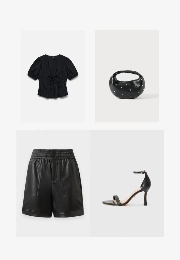 Schwarze Kurzarmbluse mit tiefem V-Ausschnitt, Puffärmeln, elastischer Taille und vorne mittig gebundener Schleife.; Schwarze Kunstleder-Shorts mit elastischem Bund, vorderem Druckknopf, großen Front-Patchtaschen und geradem Saum.; Schwarze Leder-High-Heel-Sandale mit dünnem Knöchelriemen, offener Zehenpartie und einem eleganten, geschwungenen Absatz. Strukturiertes Sohlenprofil und minimalistisches Design.; Schwarze Lederhandtasche mit abgerundeter Form, verziert mit silbernen Nietenakzenten und kurzem Griff. Glatte Struktur und Reißverschlussverschluss.