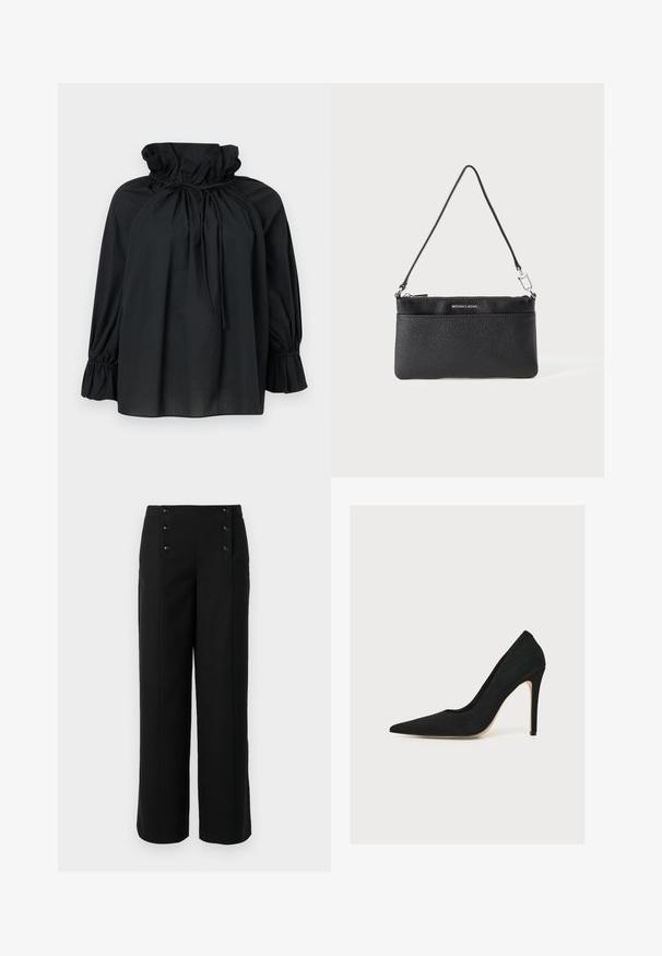 Blouse noire à manches longues avec col montant à volants froncés, lien coulissant au cou et poignets à volants élastiqués.; Pantalons larges noirs en tissu lisse, avec une taille haute et cinq boutons sur le devant pour la fermeture. Design élégant et ajusté.; Escarpin noir à bout pointu et talon aiguille fin, photographié de côté sur fond blanc.; Porte-monnaie en cuir noir, finition texturée, fermeture à glissière, quincaillerie en métal argenté, logo de la marque, bandoulière réglable. Forme compacte et rectangulaire.