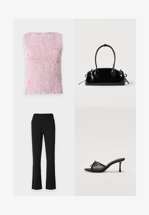 Haut sans manches rose clair avec texture de tissu froncé et fripé, au col rond.; Pantalons évasés noirs avec une texture lisse, présentant un devant plat, des passants de ceinture et une fermeture éclair. Conçus pour un ajustement ajusté.; Mule noir à talons avec un dessus en mesh, des fines brides et un nœud décoratif. Équipé d'un talon fin et pointu ainsi que d'une semelle intérieure texturée.; Petit sac à main noir brillant avec deux longues anses et des détails à cordon sur les côtés sur un fond clair uni.