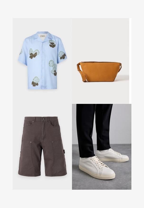 Camisa de manga corta en tela azul claro con patrones florales en verde y marrón oscuro. Cuello clásico con botones en la parte delantera.; Pantalones cortos cargo de color gris oscuro, fabricados en algodón, con bolsillos delanteros, bolsillos laterales cargo, cierre de botón y detalle de costura en las piernas.; Zapatillas de cuero color beige claro con cordones planos, una superficie texturizada y una suela de goma color crema en contraste, combinadas con pantalones negros ajustados.; Bolso bandolera de cuero marrón claro con correa ajustable y cierre de cremallera, mostrado sobre un fondo claro y liso.
