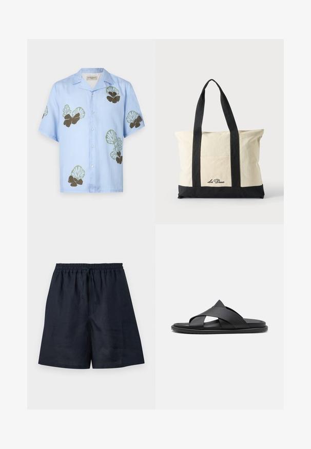 Camisa de manga corta en tela azul claro con patrones florales en verde y marrón oscuro. Cuello clásico con botones en la parte delantera.; Pantalones cortos casuales azul marino con cintura elástica y cordón, tela ligera, hasta la rodilla y corte recto.; Stuart Weitzman BERKLEY - Sandalias planas - black; Bolsa de lona con asas largas negras, ribete negro en la parte inferior y bolsillo delantero con logo "Les Deux" en letra negra.