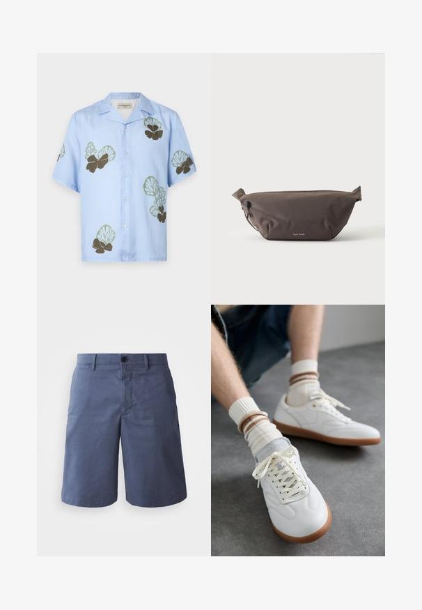 Camisa de manga corta en tela azul claro con patrones florales en verde y marrón oscuro. Cuello clásico con botones en la parte delantera.; Bermudas de algodón azul marino con un frente plano, cierre de un solo botón, dos bolsillos laterales y un corte recto. Textura lisa, sin patrones visibles.; Zapatillas de cuero blanco con una textura suave, detalles en gamuza gris, suelas de goma beige y cordones planos. Combinadas con calcetines a rayas en tonos crema y marrón.; Riñonera de tela marrón oscuro con bolsillo diagonal con cremallera y pequeño logo blanco en el frontal, sobre un fondo liso y claro.