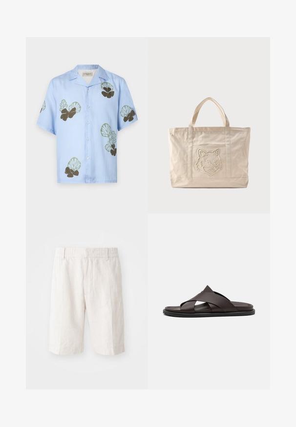 Korte mouwen shirt van lichtblauwe stof met groene en donkerbruine bloempatronen. Klassieke kraag met knopen aan de voorkant.; Linnen shorts in lichtbeige met een elastische tailleband, zijzakken en een rechte snit. Vlotte textuur met minimaal zichtbare stiksels.; Stuart Weitzman BERKLEY - Muiltjes - espresso; Beige canvas tas met dubbele handvatten en een reliëf ontwerp van een wolfskop op het voorvak.