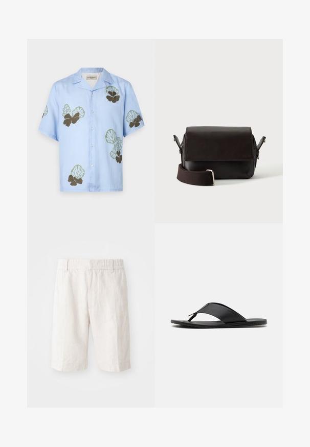 Camisa de manga corta en tela azul claro con patrones florales en verde y marrón oscuro. Cuello clásico con botones en la parte delantera.; Pantalones cortos de lino en beige claro con cinturilla elástica, bolsillos laterales y corte recto. Textura suave con costuras mínimas visibles.; Stuart Weitzman BASTIAN - Sandalias de dedo - black; Bolso bandolera de cuero marrón oscuro con cierre de solapa y correa de tela ajustable sobre fondo blanco.