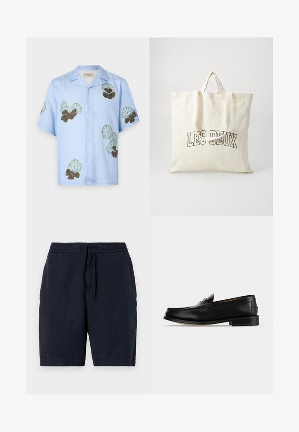Camisa de manga corta en tela azul claro con patrones florales en verde y marrón oscuro. Cuello clásico con botones en la parte delantera.; Pantalones cortos de lino azul marino con cintura elástica y cordón, que presentan un ajuste relajado y una superficie ligeramente texturizada.; Mocasín masculino de cuero negro con tacón bajo y costura estilo mocasín en la puntera, mostrado de lado sobre un fondo liso.; Bolsa de lona en color blanco roto, con asas cortas y el texto impreso "LES DEUX" en letras negras en negrita. Diseño duradero y sencillo.